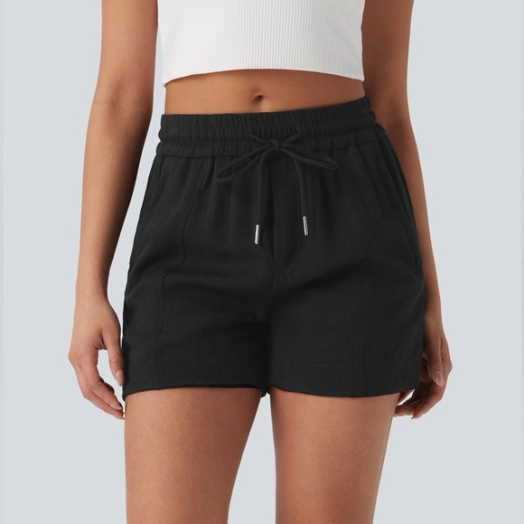 Mid Rise Drawstring Linen-Feel Work Shorts with Side Zip Pockets - Picture 1 of 4